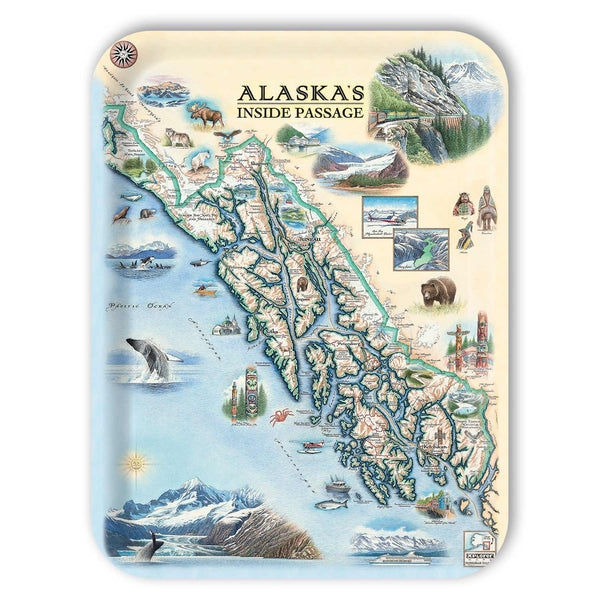 Large Serving Tray Map of Alaska's Inside Passage with illustrations and text on a beige background