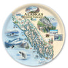 Large Round Serving Tray Map of Alaska's Inside Passage on a decorative plate with scenic illustrations.