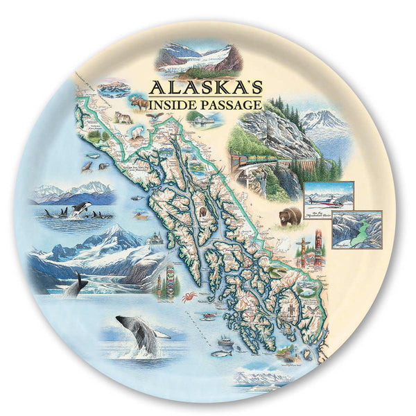 Large Round Serving Tray Map of Alaska's Inside Passage on a decorative plate with scenic illustrations.
