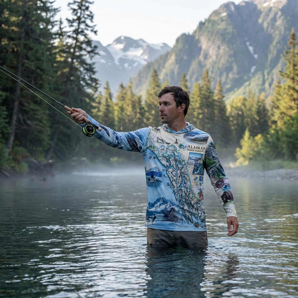 Man fly fishing in a mountainous lake wearing a Alaska Inside Passage Sun Shirt Hoodie