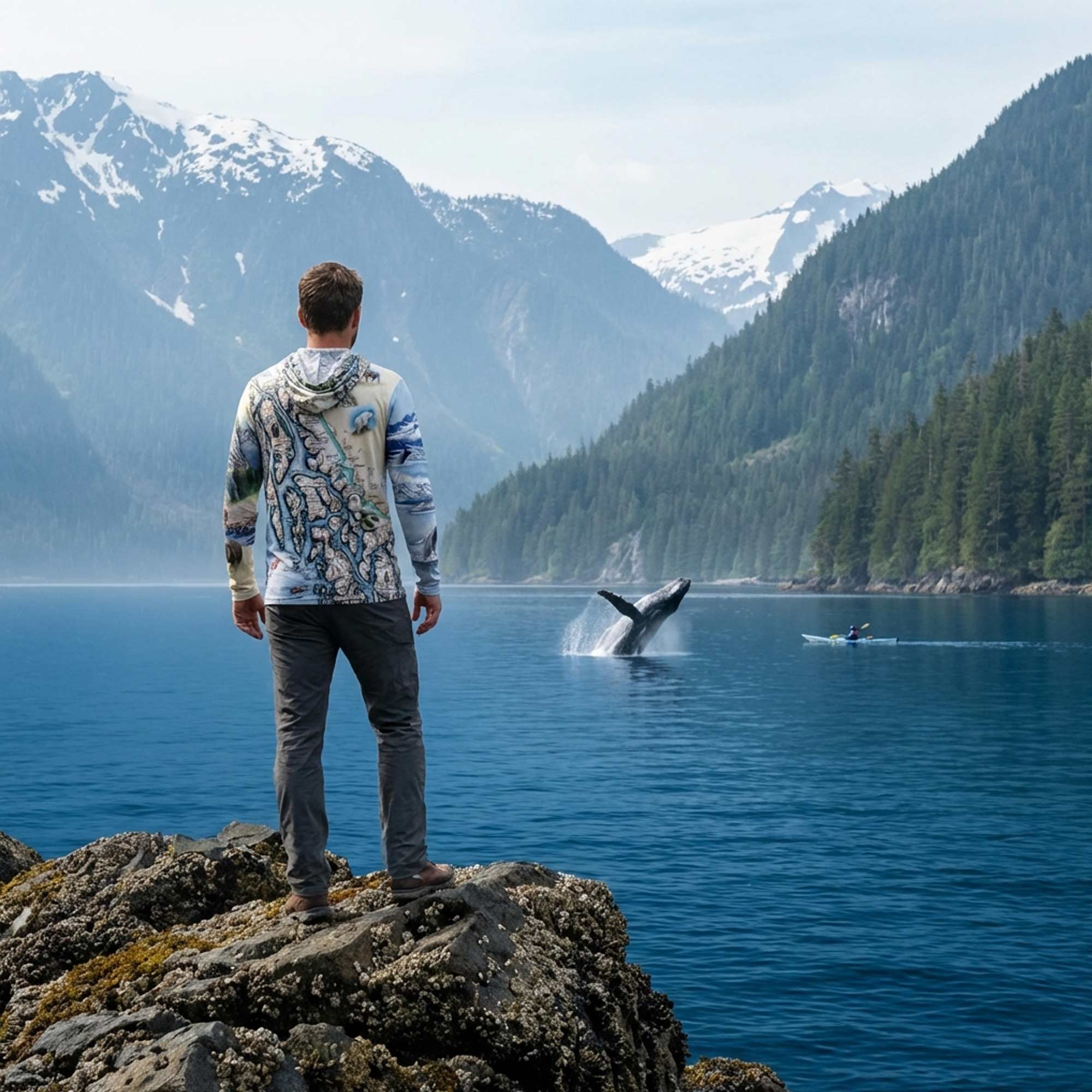 Person watching a whale breach in a scenic mountainous landscape