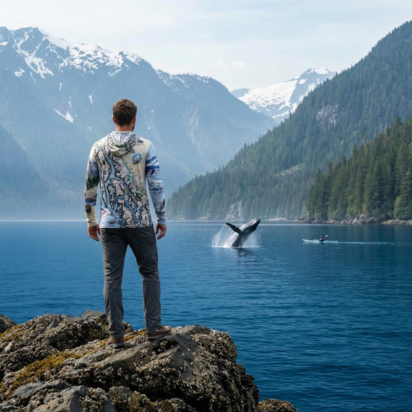Person watching a whale breach in a scenic mountainous landscape