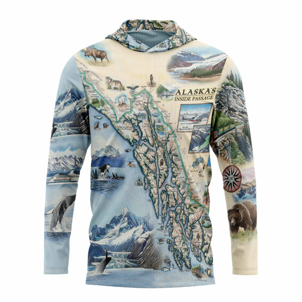 Alaska Inside Passage Hoodie with Alaskan landscape and map design on a white background