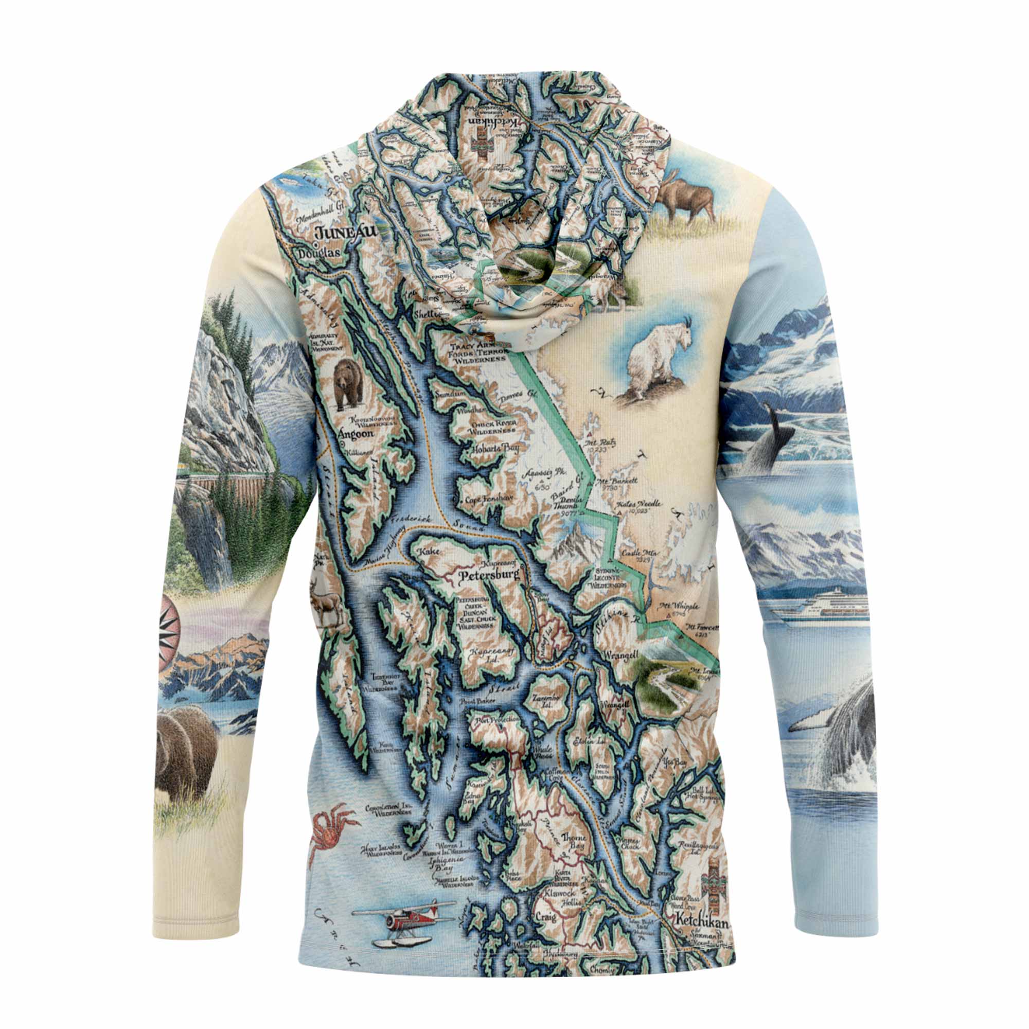 Alaska Inside Passage Sun Shirt Hoodie with a detailed map design on a white background