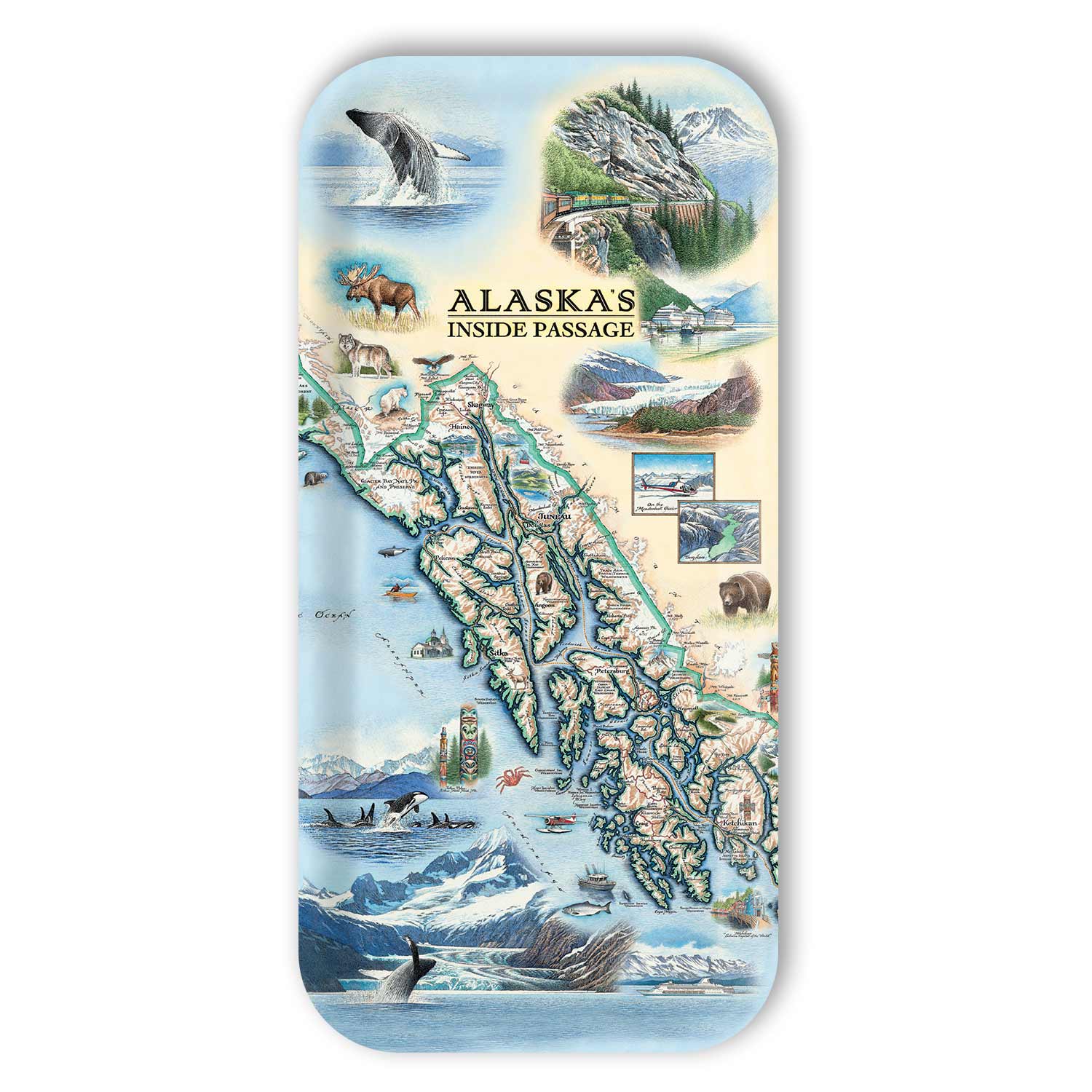 Small Serving Tray Map of Alaska's Inside Passage with scenic illustrations on a white background