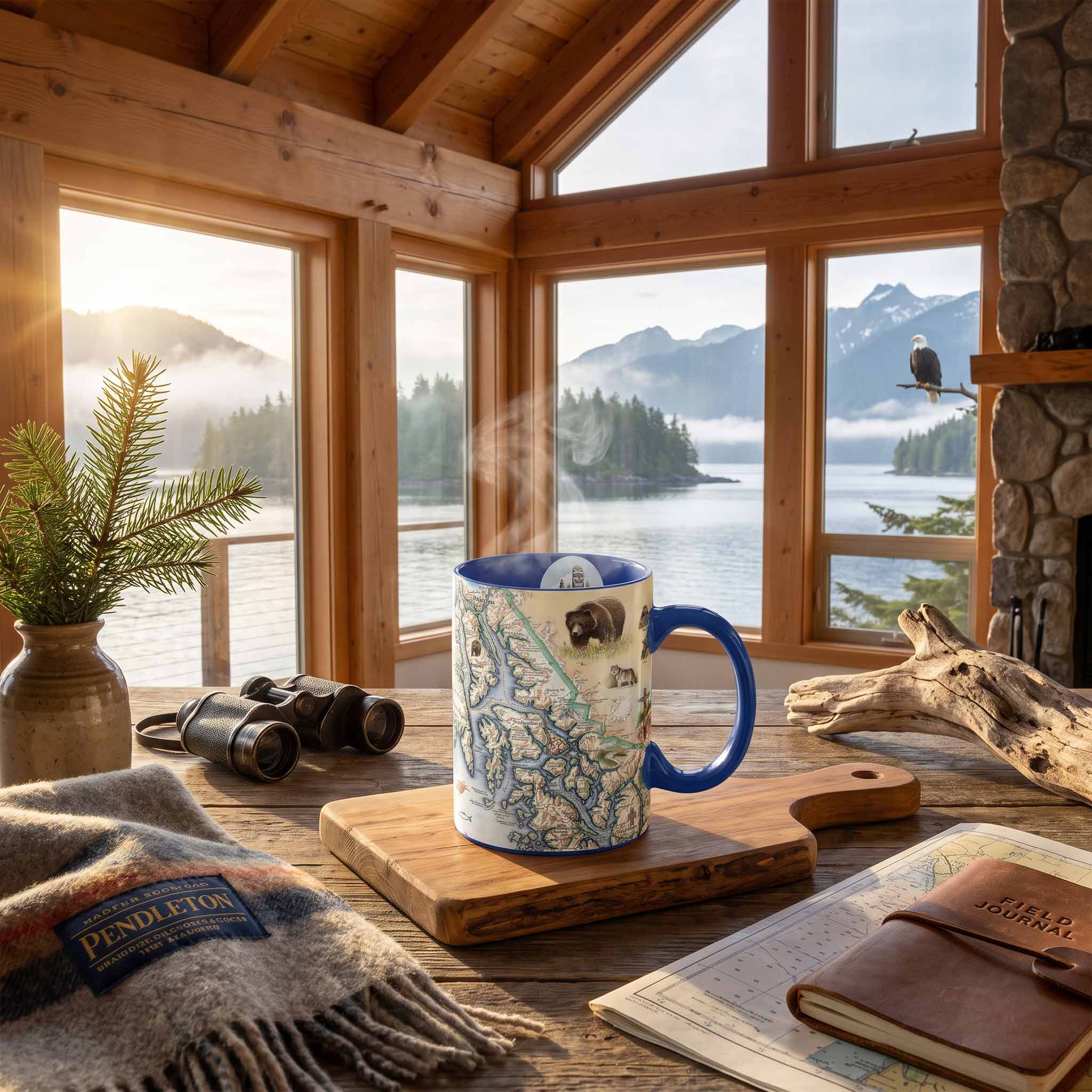 A ceramic mug with a blue handle and rim, decorated with a scenic map of Glacier National Park, sits on a wooden cutting board in a rustic cabin setting with a mountain lake view outside.