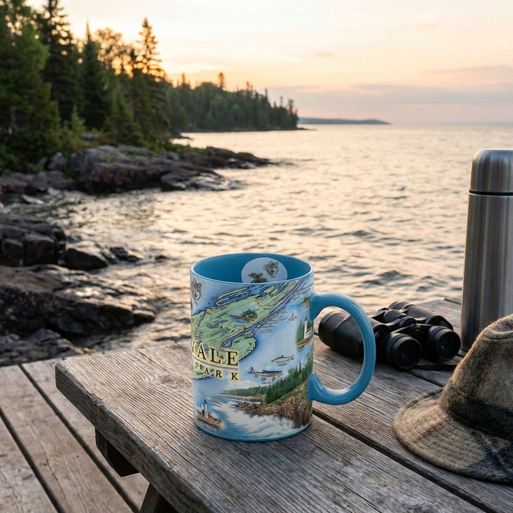 Mug with a scenic design on a wooden dock by a lake at sunset