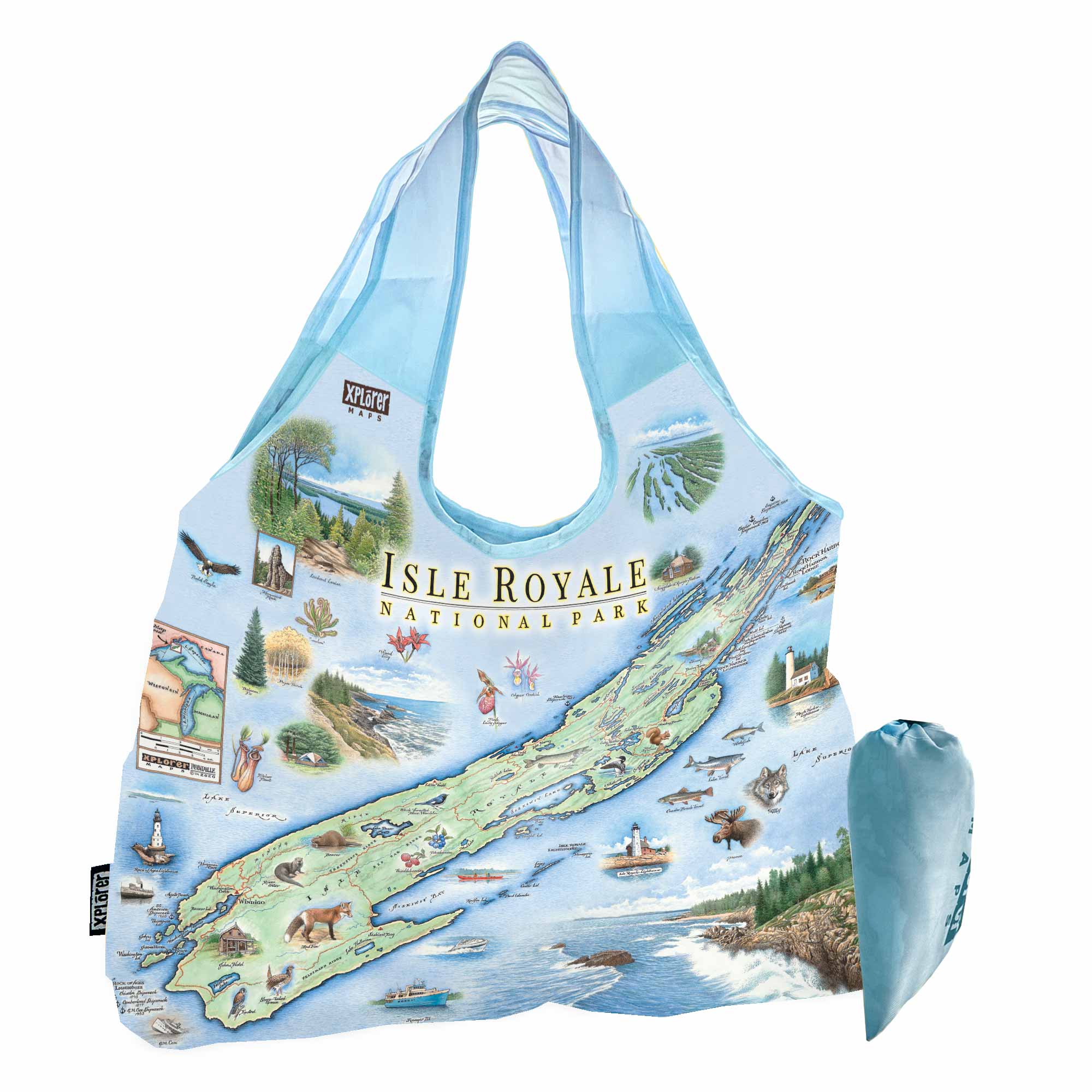 Michigan's Isle Royale National Park Map Pouch Tote Bags by Xplorer Maps. The map features flora and fauna such wolf, moose, Pink Lady Slippers, and Thimbleberries. Other illustrations include Lookout Louise, Rock of Ages Lighthouse, and the Rocky Harbor Lodge. 