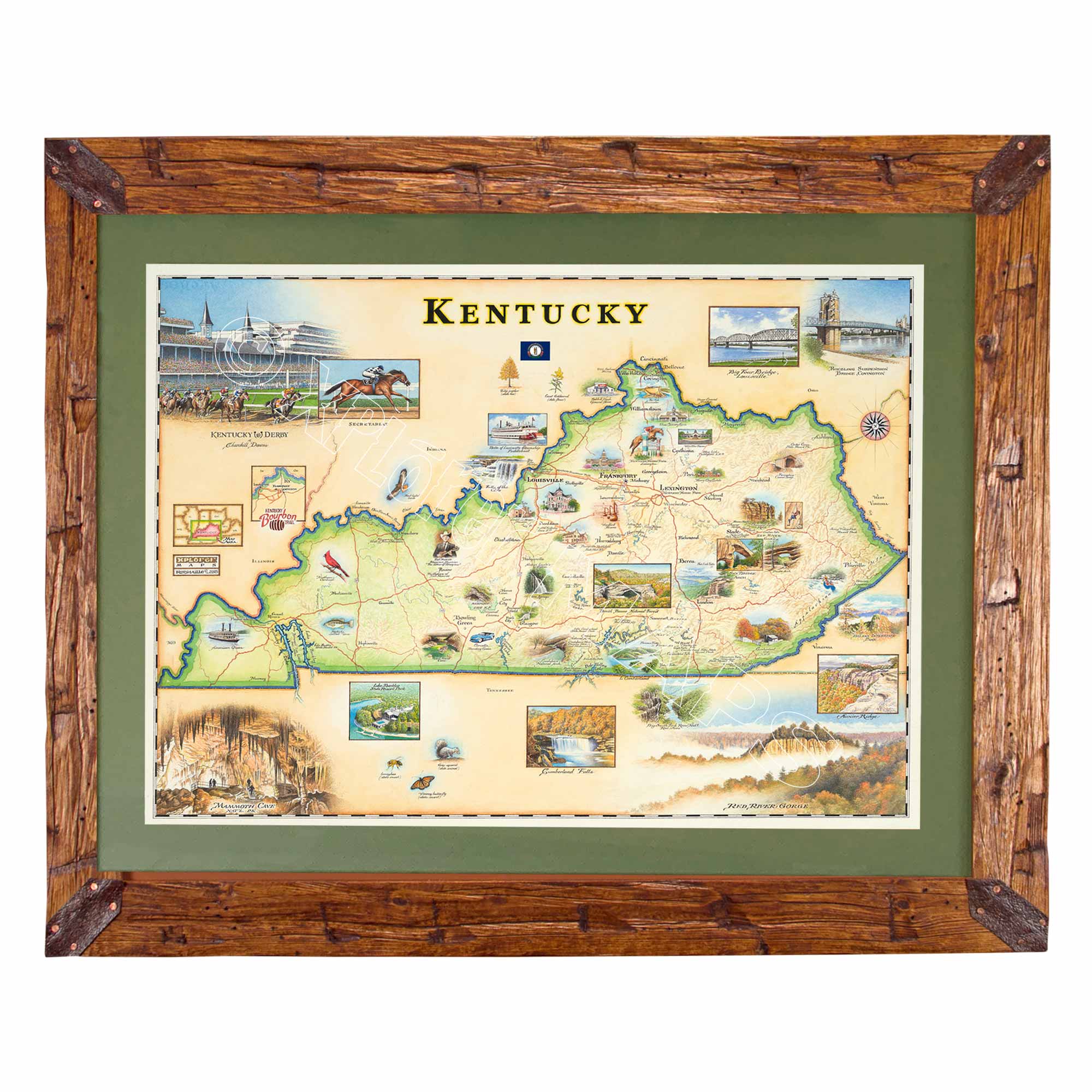 Map of Kentucky with illustrations in a wooden frame