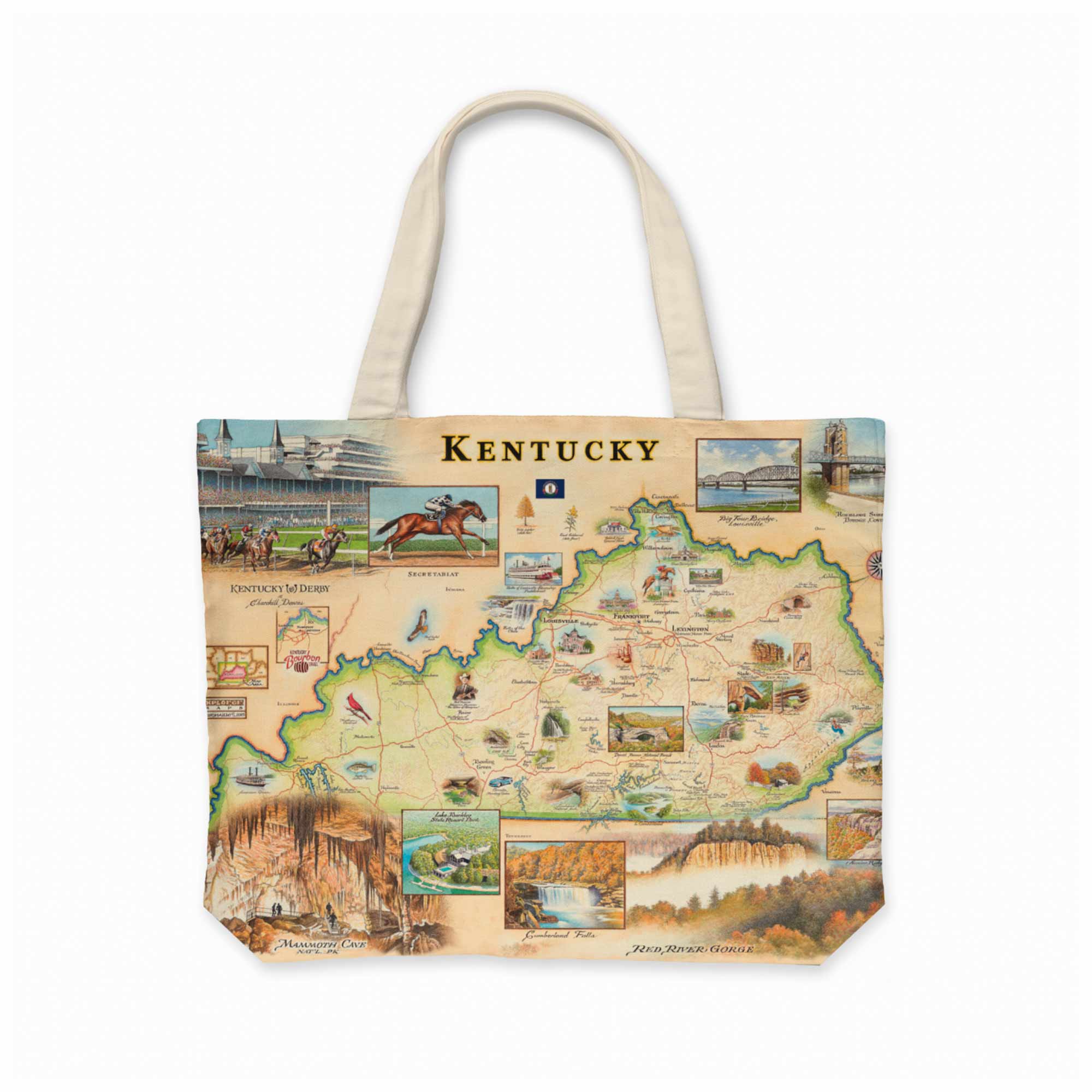 Tote bag with a map of Kentucky on a white background