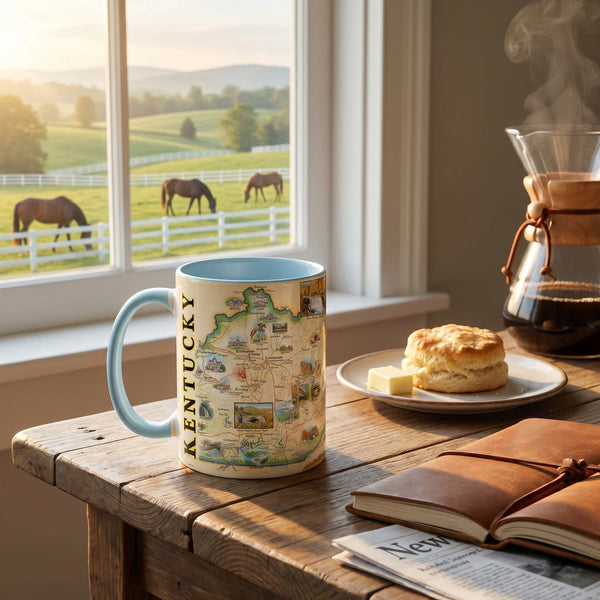 Mug with Kentucky map design on a wooden table with a plate of biscuits and a Chemex coffee maker.