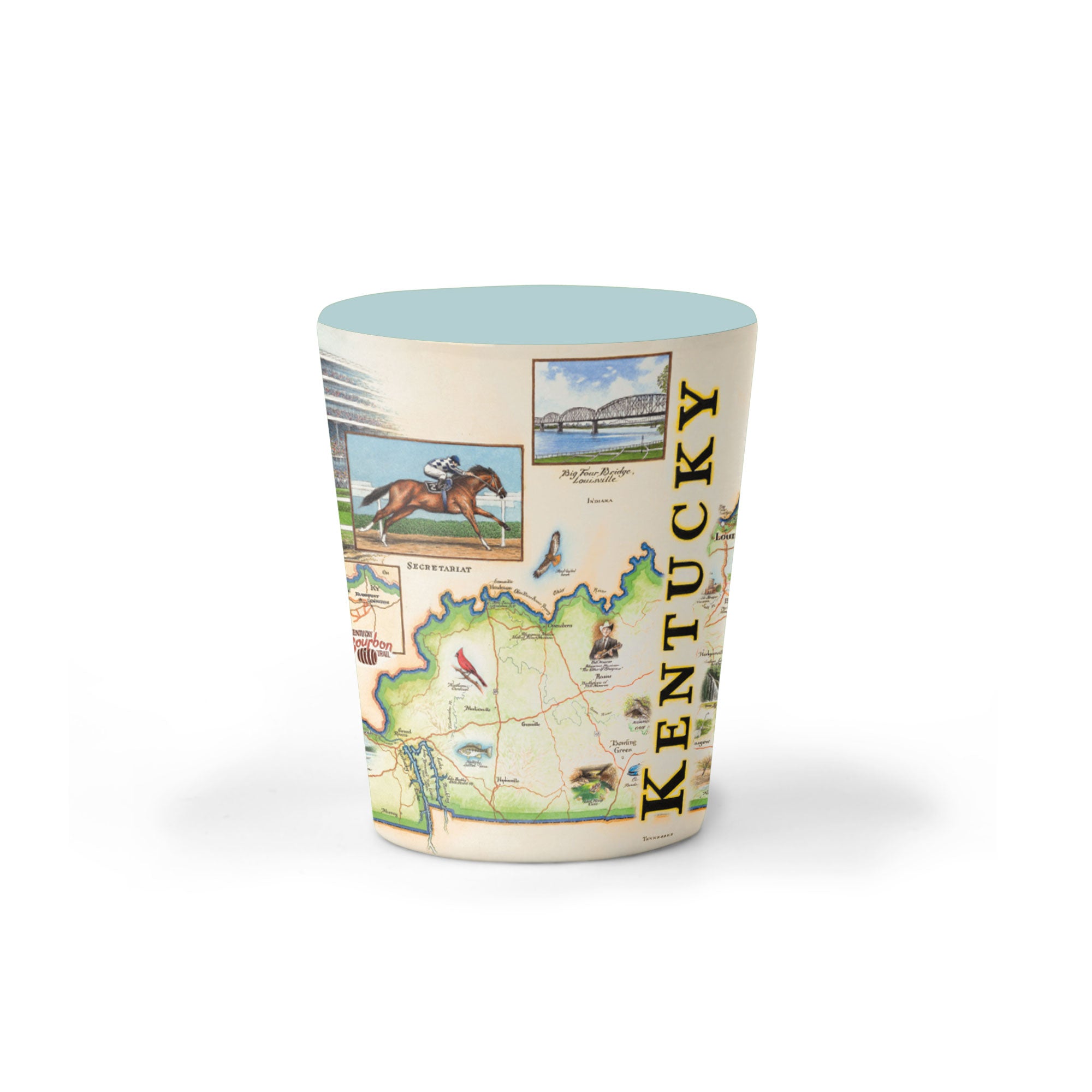 Ceramic mug with Kentucky-themed design on a white background