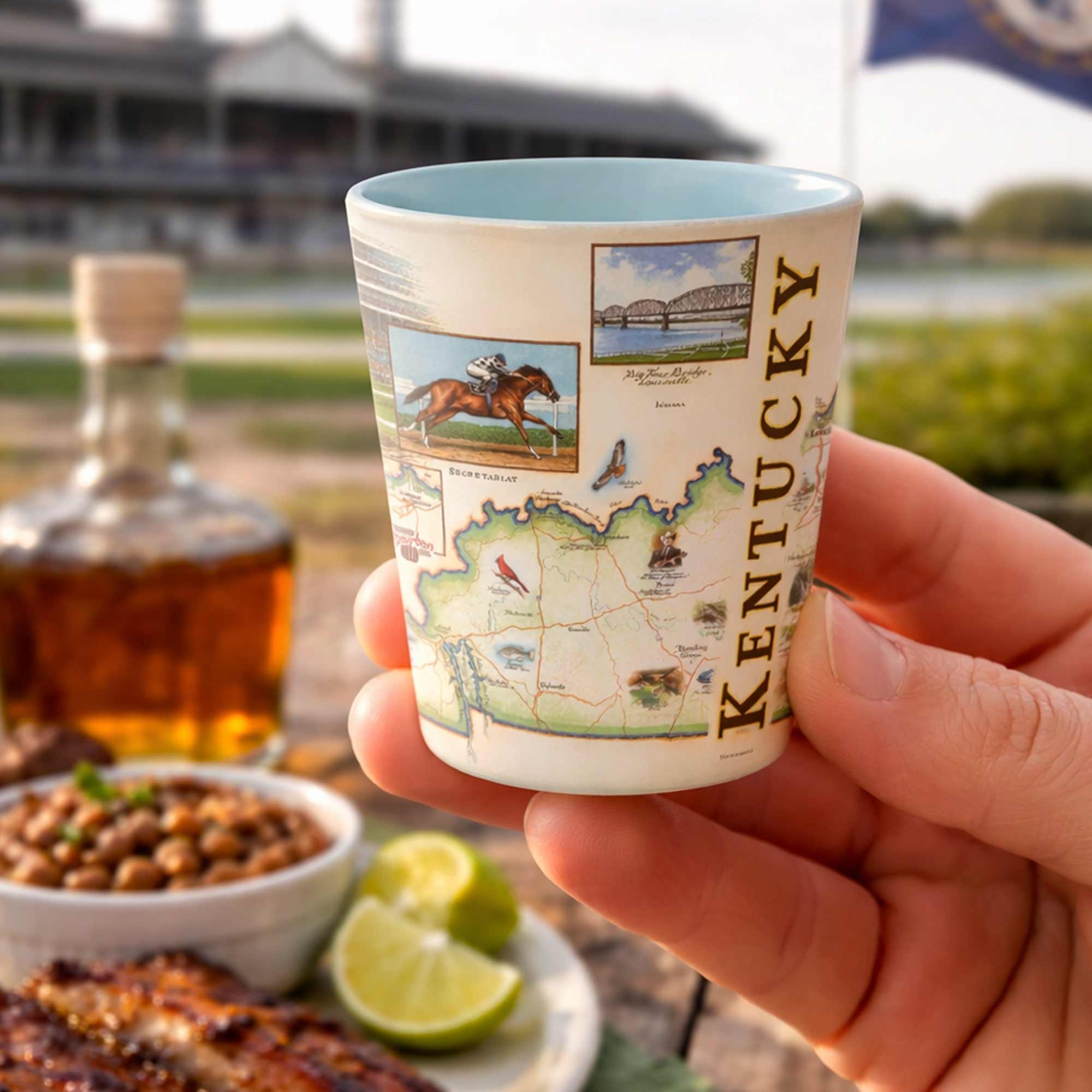 Hand holding a Kentucky-themed shot glass with a bottle of bourbon and snacks in the background.