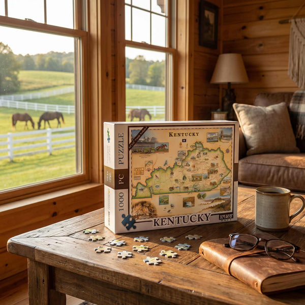 Kentucky puzzle box on a wooden table with a scenic view through a window.