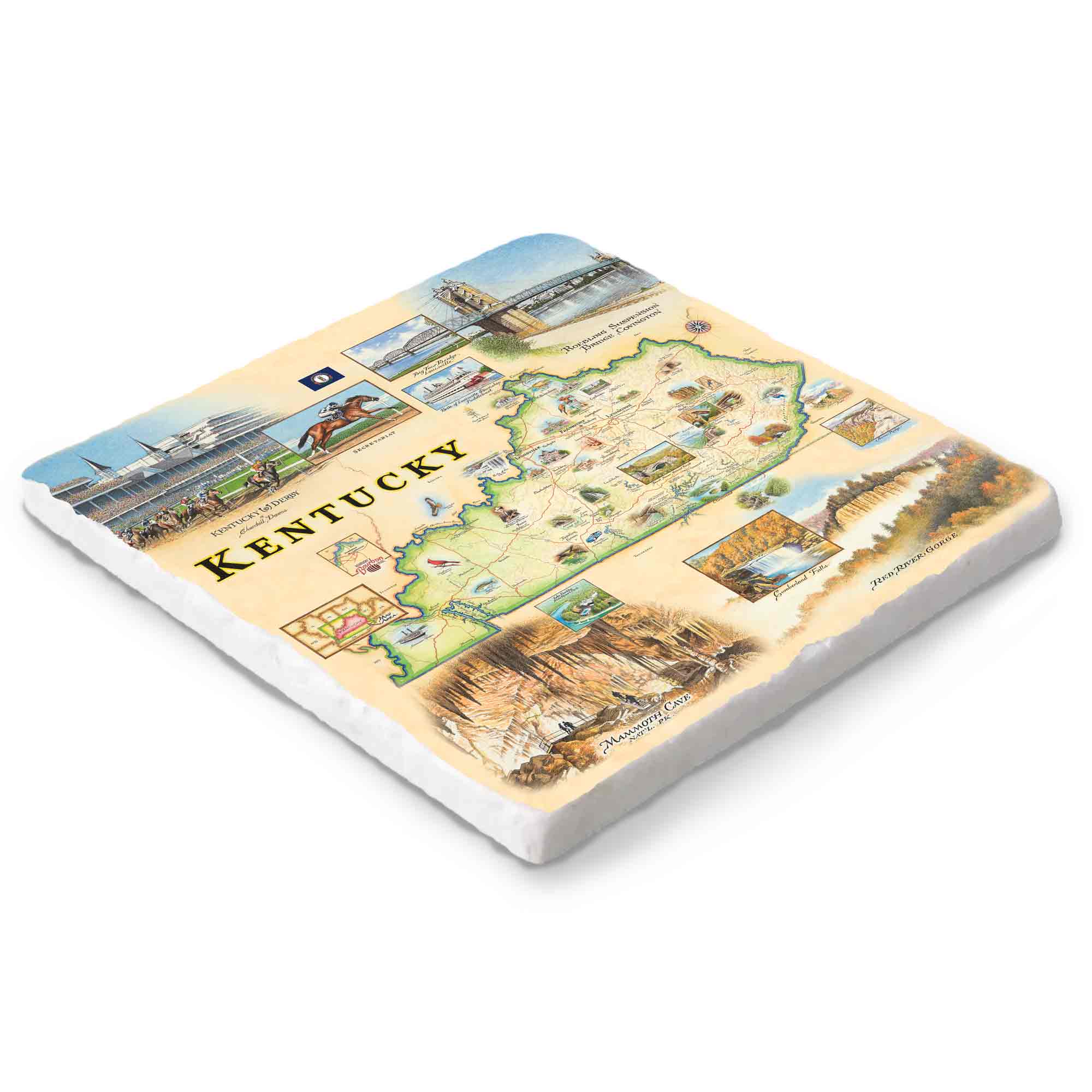 Map of Kentucky on a ceramic coaster with scenic illustrations.