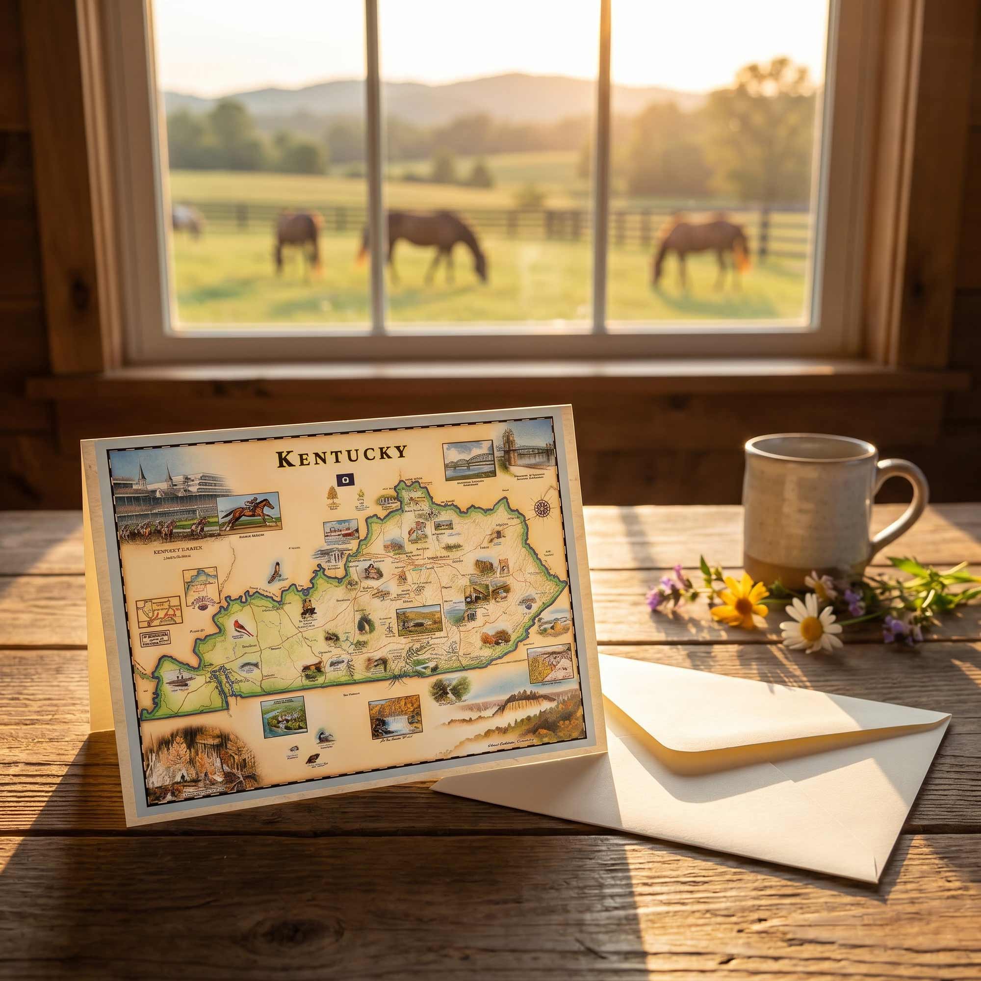 Kentucky map on a wooden table with horses in the background