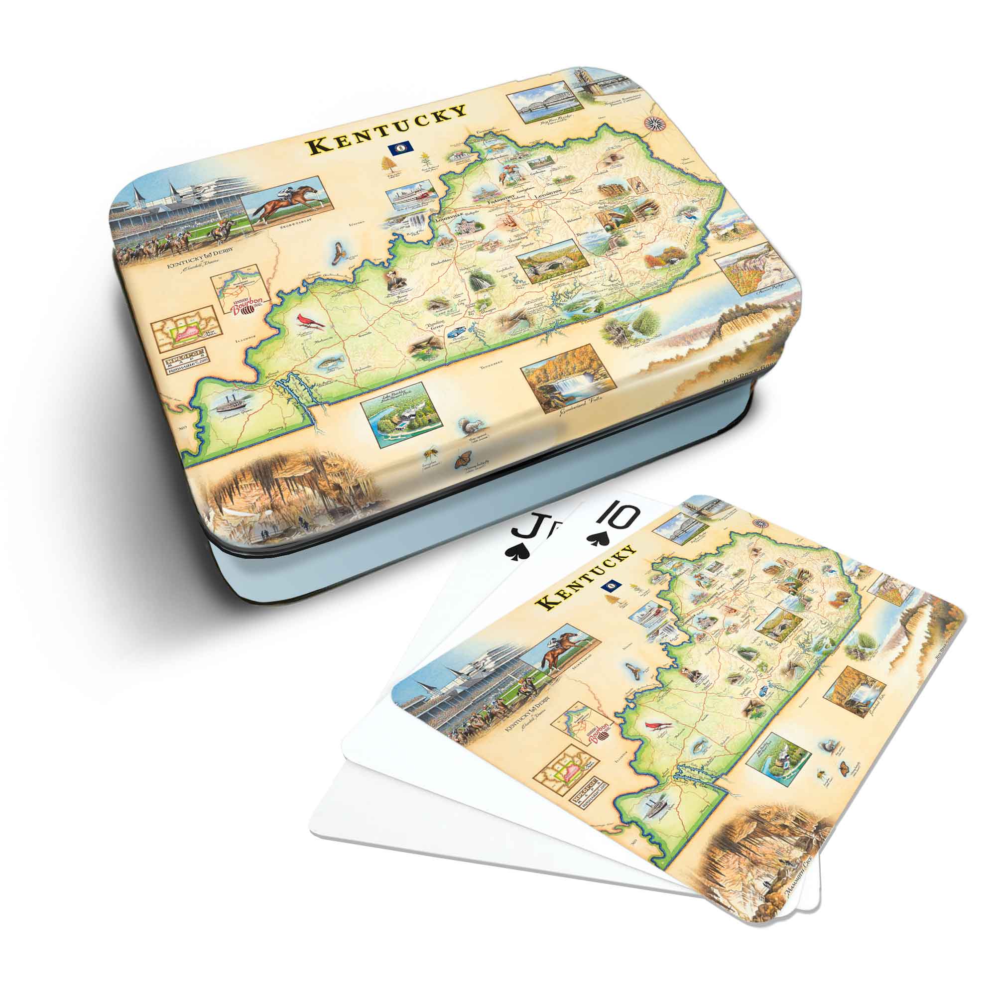 Kentucky-themed playing card set with map design on a white background