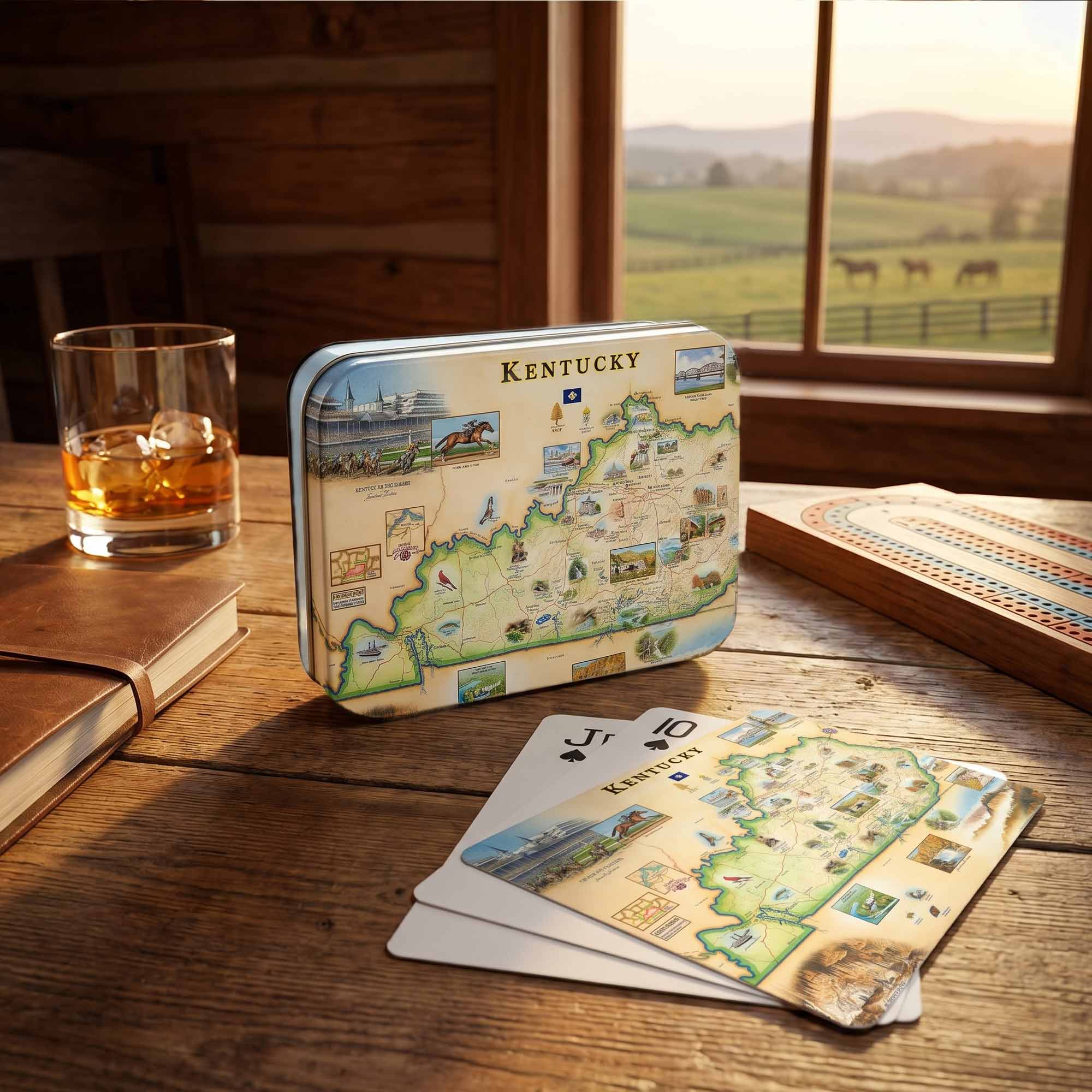 Kentucky-themed board game set on a wooden table with a scenic window view.