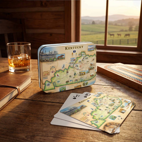 Kentucky-themed board game set on a wooden table with a scenic window view.