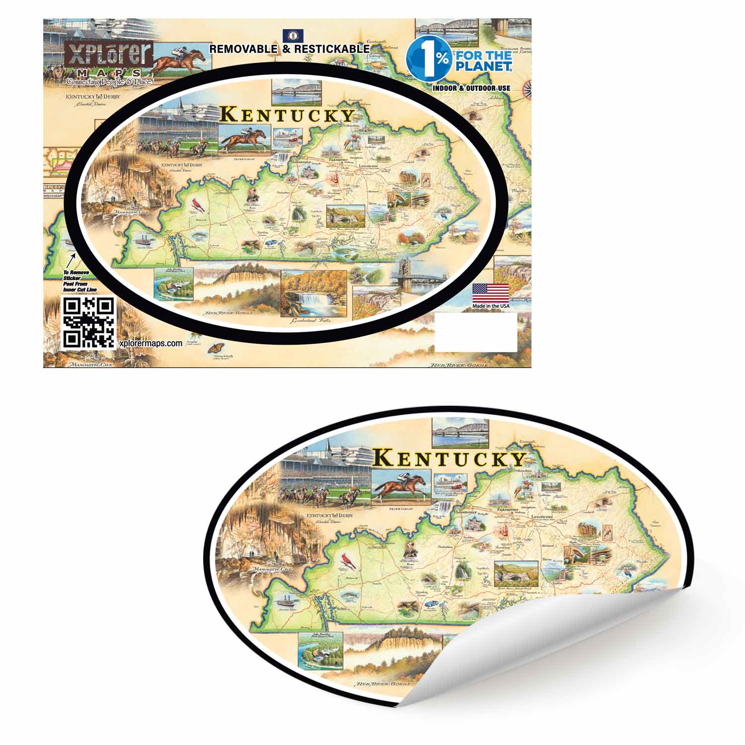 Oval-shaped Kentucky map sticker with historical illustrations on a white background