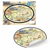 Oval-shaped Kentucky map sticker with historical illustrations on a white background
