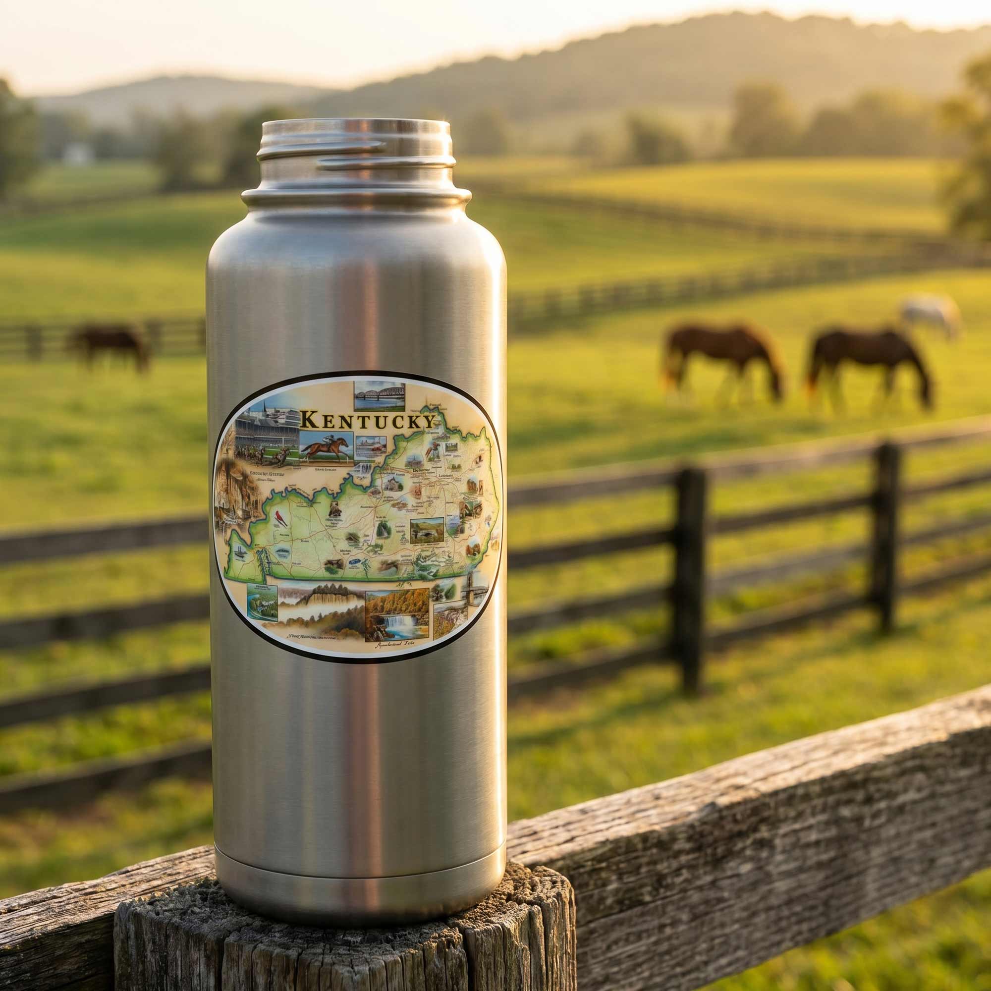Stainless steel water bottle with Kentucky-themed label on a wooden post with a scenic background of horses in a field.