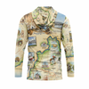 A hooded long-sleeve shirt with an all-over vintage-style map print featuring illustrated landmarks, rivers, and place names on a white background.