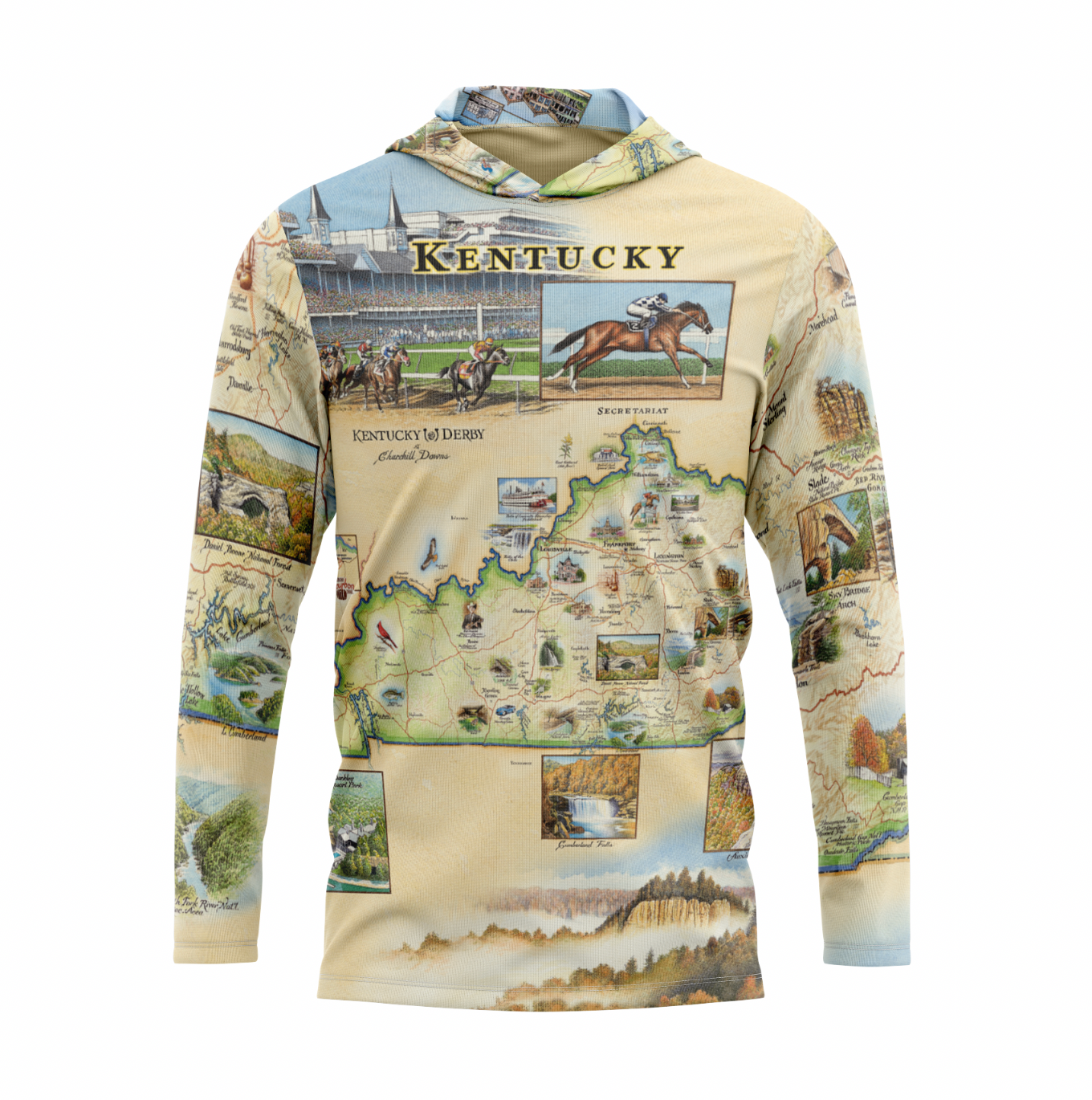 A long-sleeve hooded shirt featuring an all-over Kentucky map and equestrian theme print, with the word 'Kentucky' across the chest and small inset images of horses, racing, and landscapes.
