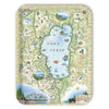 A handcrafted birchwood serving tray featuring a hand-illustrated map of Lake Tahoe by artist Chris Robitaille, with a durable matte melamine finish.
