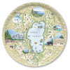 Round decorative serving tray with a map of Lake Tahoe featuring illustrations and scenic views.