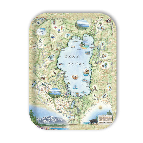 Serving tray Map of Lake Tahoe with various icons and illustrations on a white background