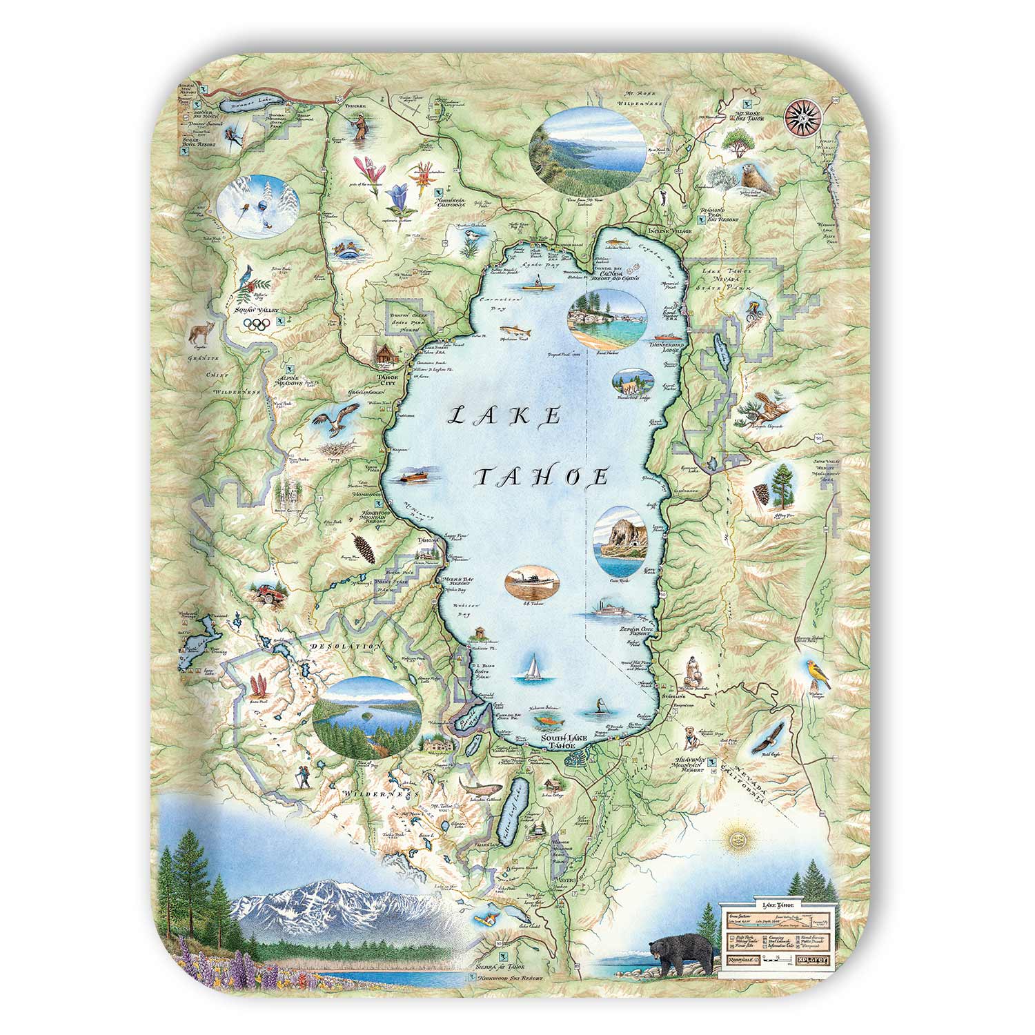 A handcrafted birchwood serving tray featuring a hand-illustrated map of Lake Tahoe by artist Chris Robitaille, with a durable matte melamine finish.