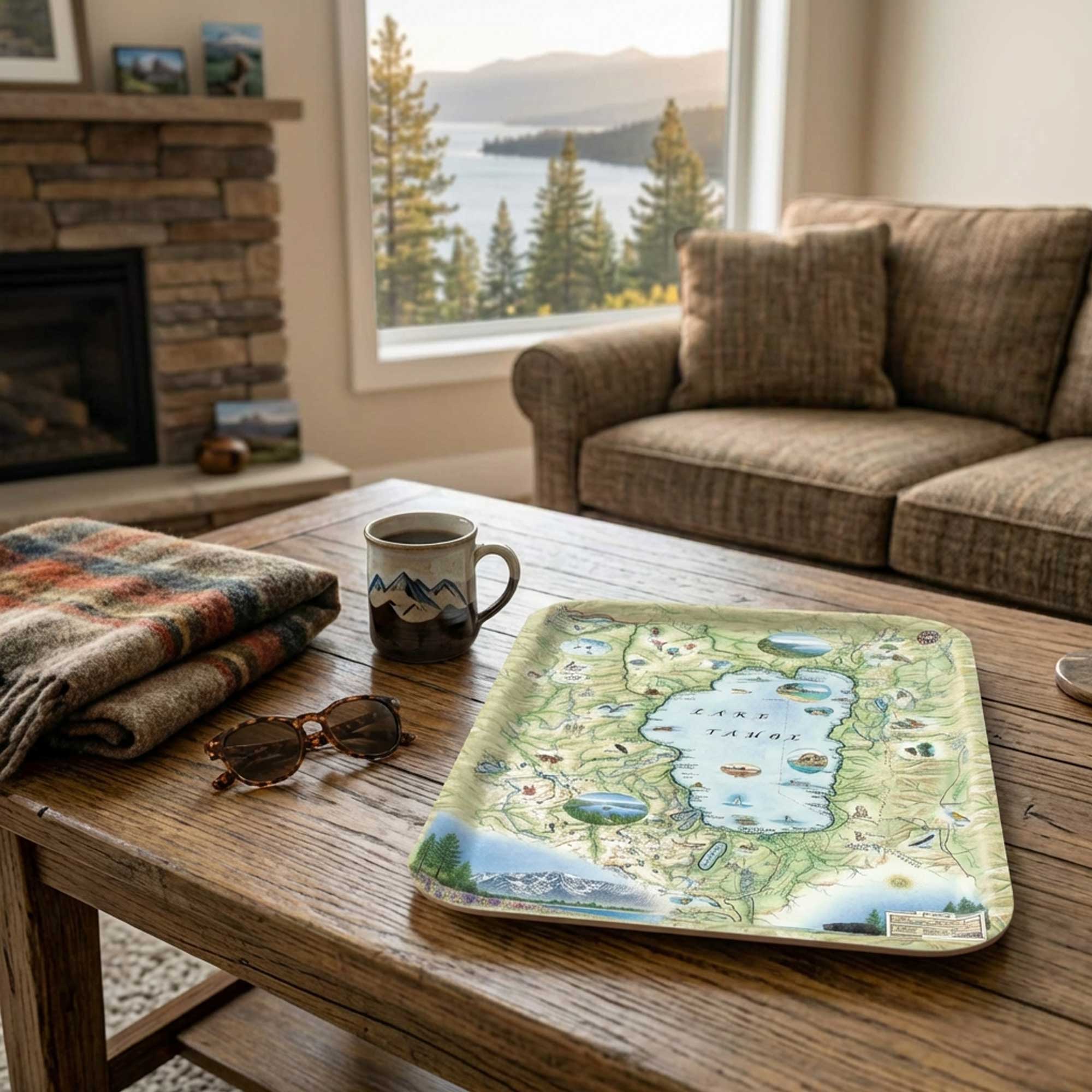 Living room with a wooden coffee table featuring a scenic Lake Tahoe map tray, mug, and sunglasses.