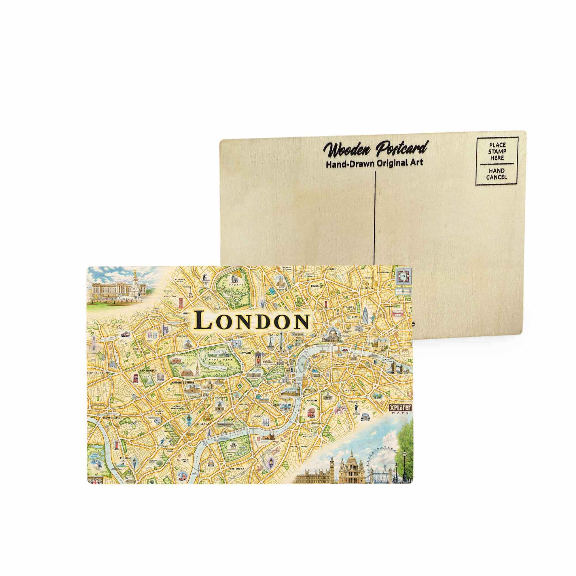 London wooden postcard featuring hand-drawn illustrations of Big Ben, Buckingham Palace, Tower Bridge, and the London Eye, printed on sustainable Birch wood.