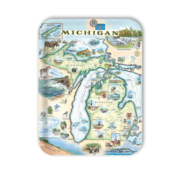 Medium Serving Tray Map of Michigan with various icons and illustrations on a white background
