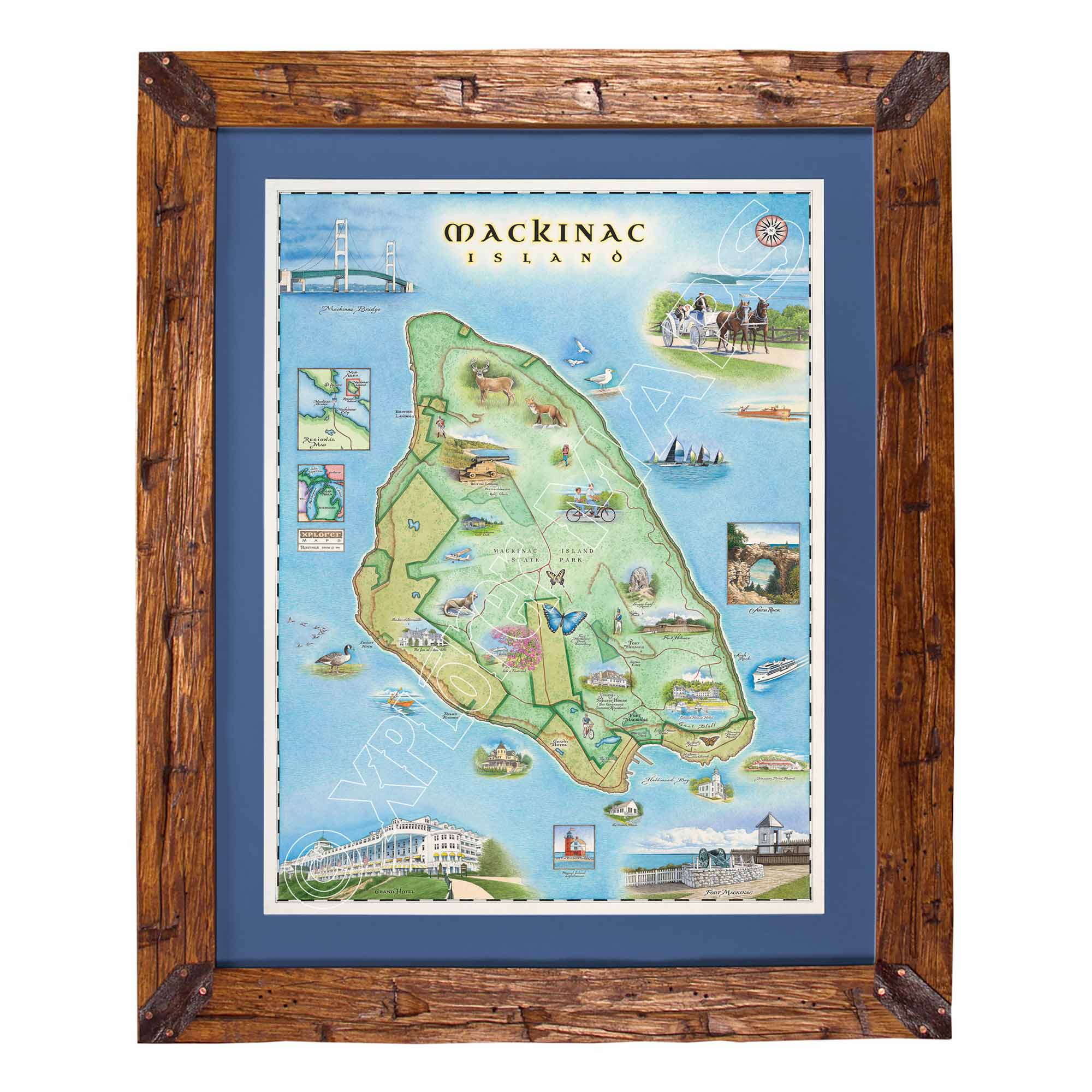 A framed illustrated map of Mackinac Island, featuring a rustic brown wooden frame and a blue mat border around the print.