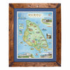 A framed illustrated map of Mackinac Island, featuring a rustic brown wooden frame and a blue mat border around the print.