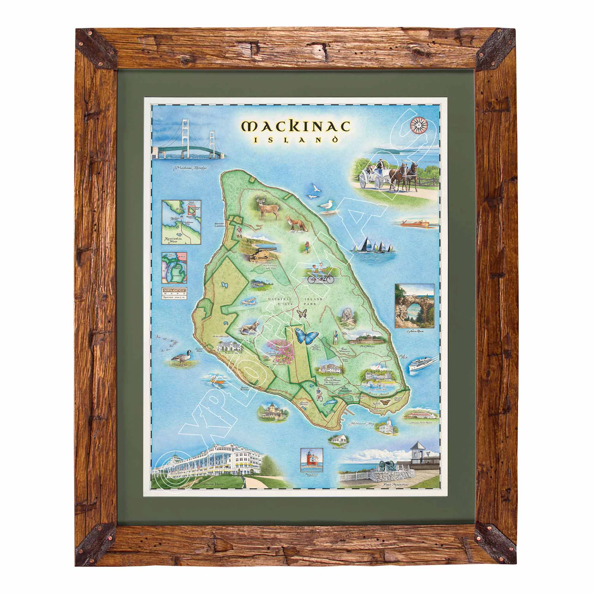A framed illustrated map of Mackinac Island, featuring a rustic brown wooden frame, a dark green mat, and a detailed multicolor map with local landmarks and scenic illustrations.