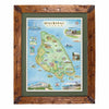 A framed illustrated map of Mackinac Island, featuring a rustic brown wooden frame, a dark green mat, and a detailed multicolor map with local landmarks and scenic illustrations.