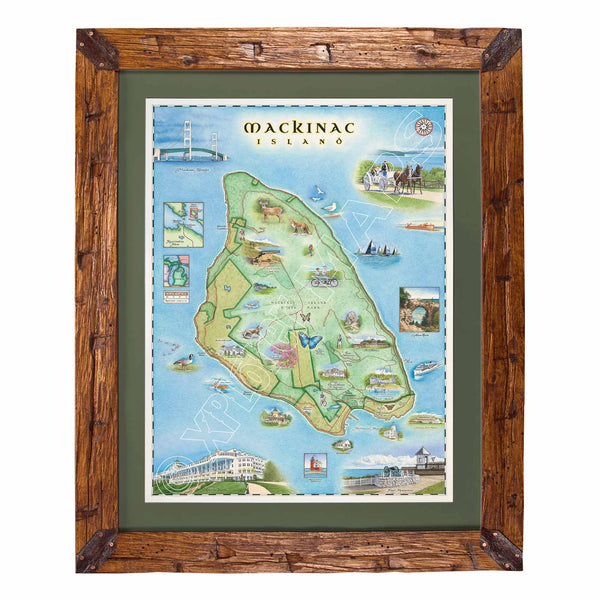 A framed illustrated map of Mackinac Island, featuring a rustic brown wooden frame, a dark green mat, and a detailed multicolor map with local landmarks and scenic illustrations.