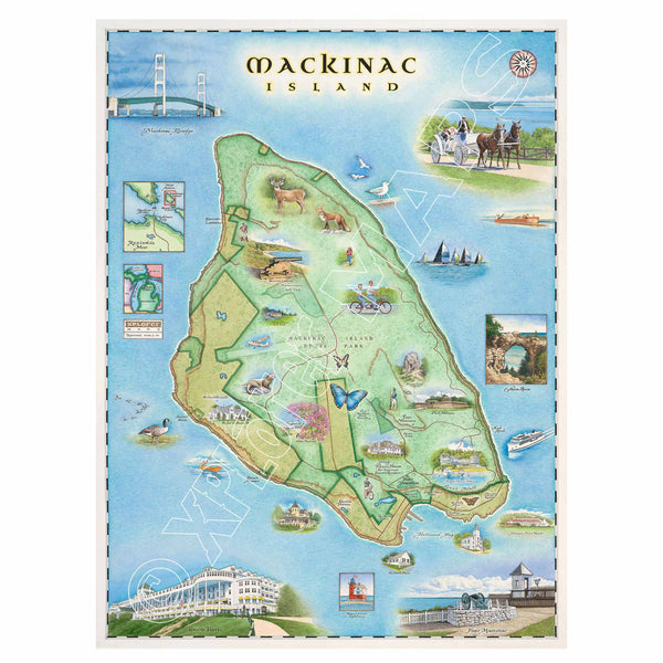 A vintage-style illustrated map poster of Mackinac Island, featuring a green island surrounded by blue water, with small scenic illustrations and labels around the perimeter.