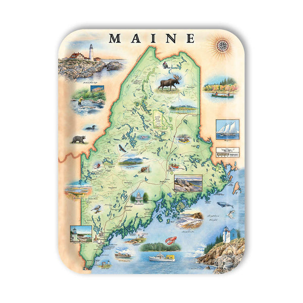Large Serving Tray Map of Maine with various icons and illustrations on a beige background
