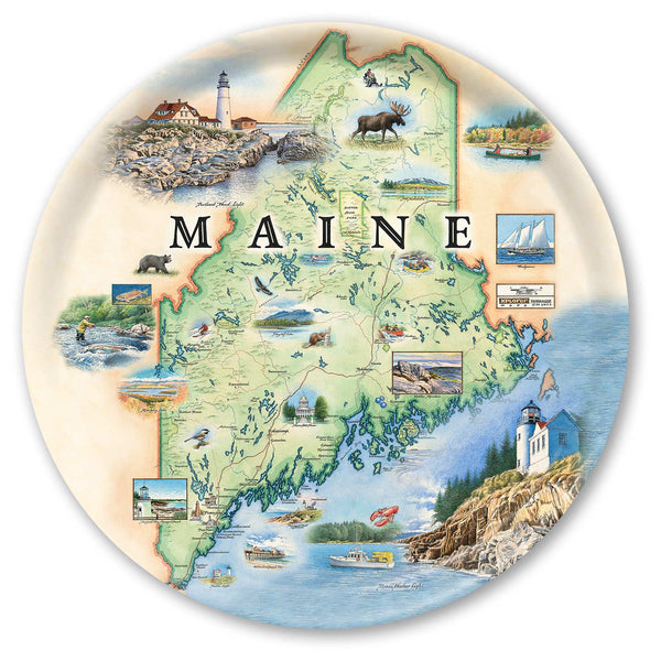 Round Serving Tray Map of Maine with various landmarks and scenery on a decorative plate.