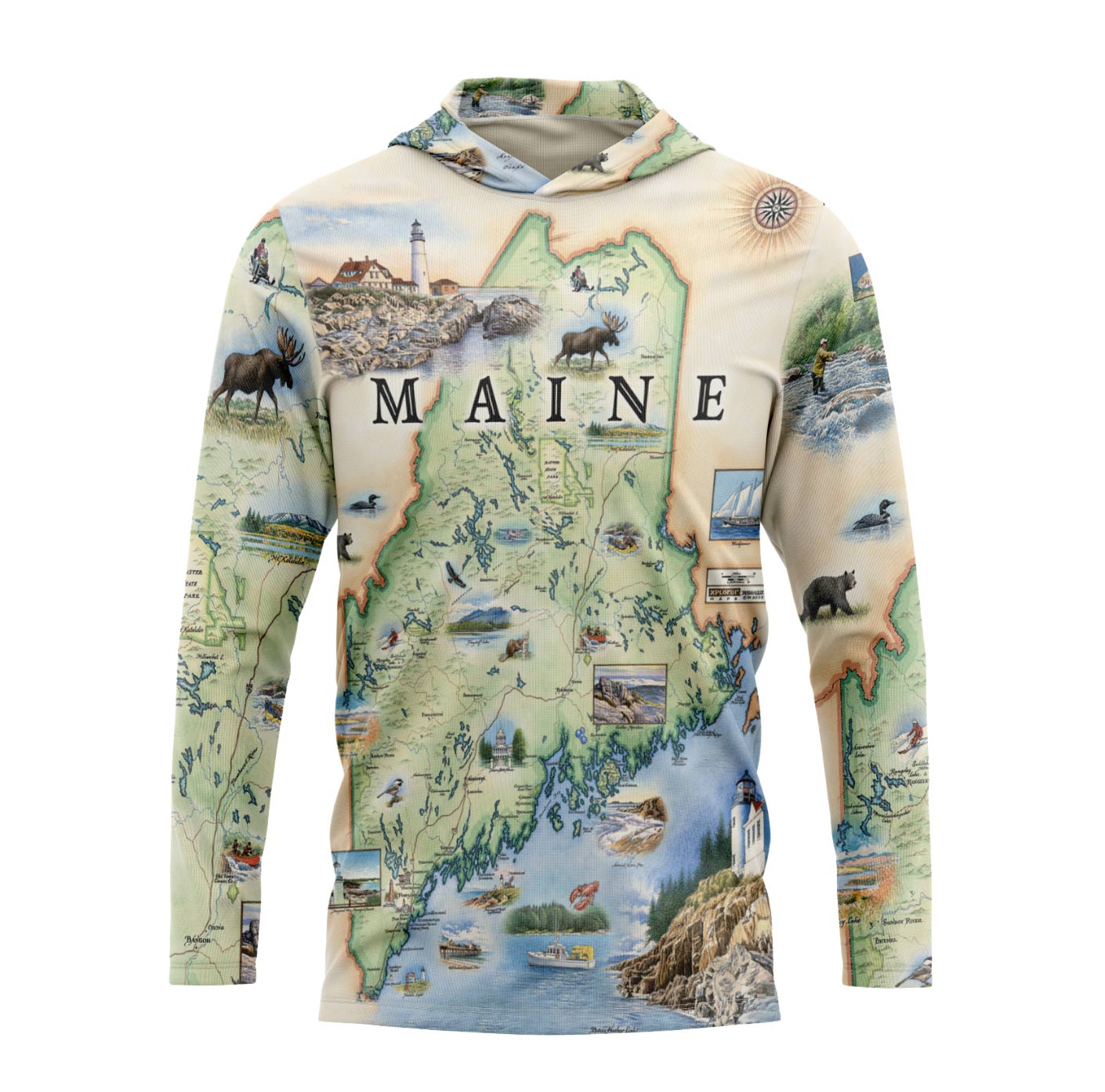 Hoodie with a map design of Maine on a white background