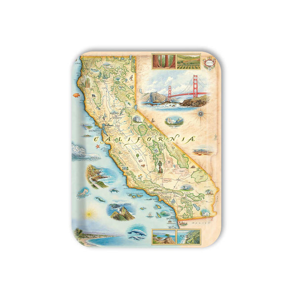 Medium Rectangle Serving Tray Map of California with scenic illustrations on a white background
