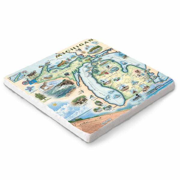 Hand-drawn Michigan map on a 6x6 natural stone trivet by Xplorer Maps.
