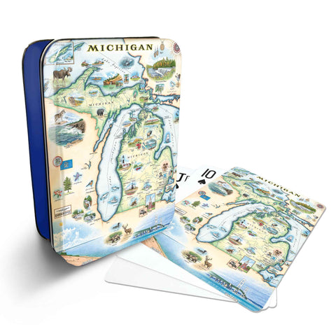 Michigan Map Playing cards that features iconic attractions, flora and fauna of that area - Blue Metal Tin