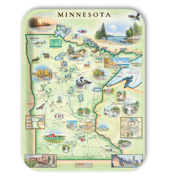Large Rectangle Serving Tray Map of Minnesota with various attractions and landscapes on a white background