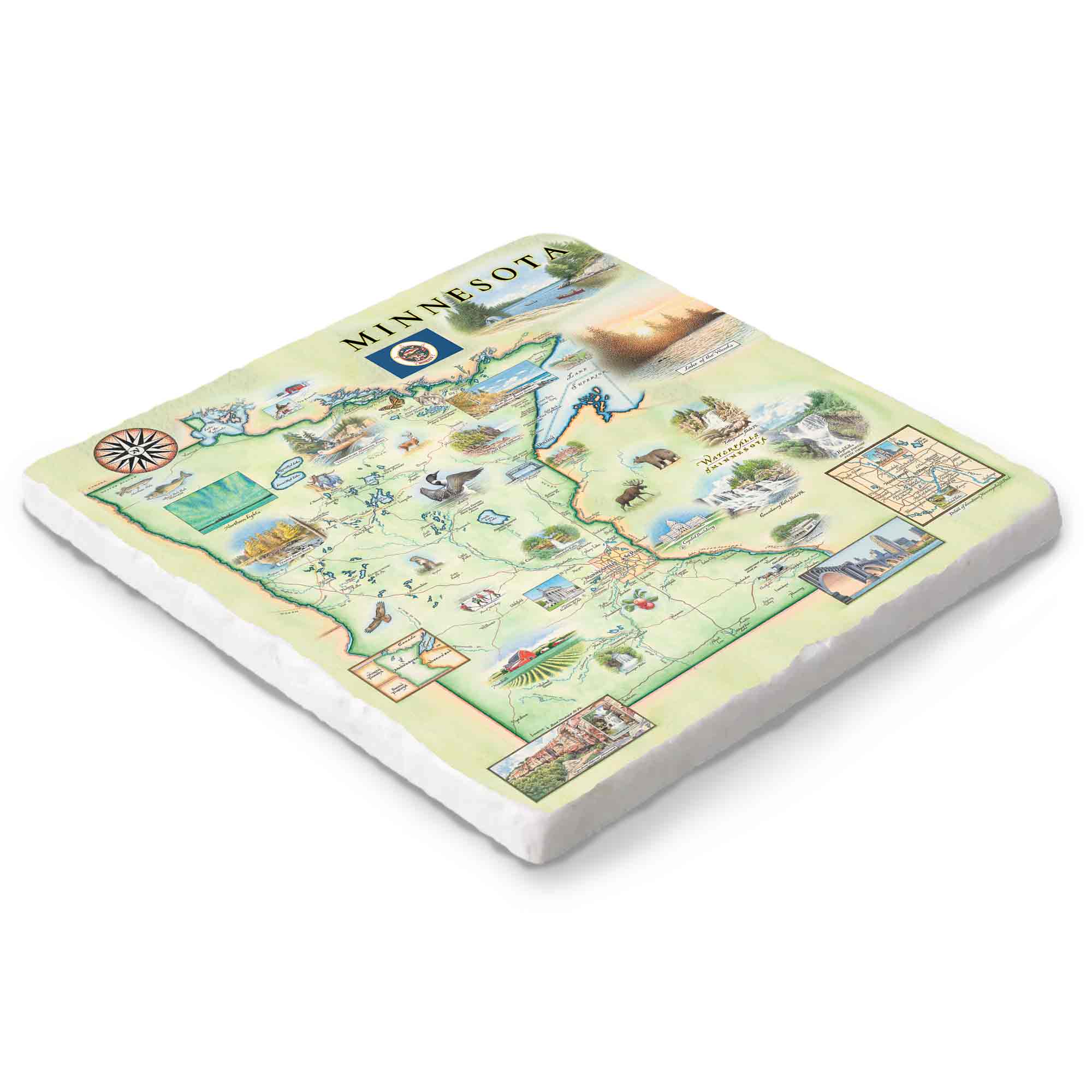 Minnesota hand-drawn map on a 6x6 marble trivet by Xplorer Maps.