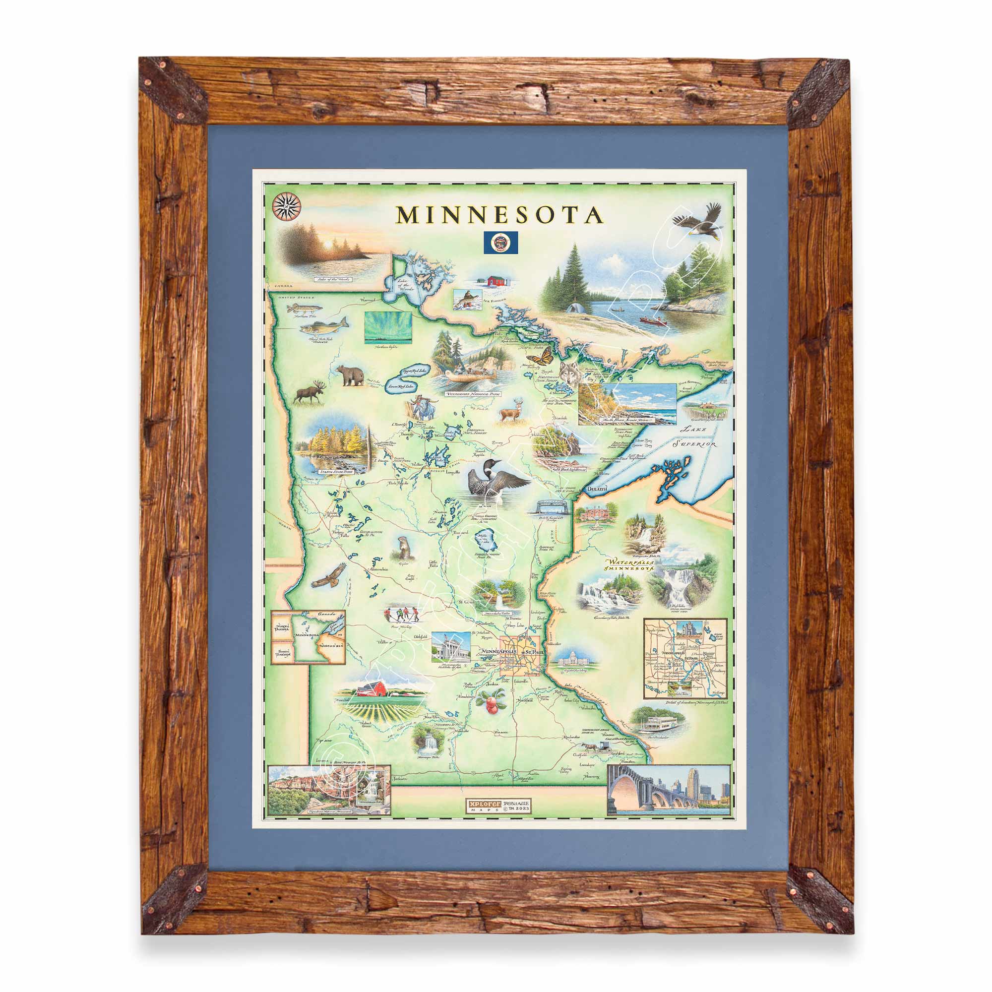 Minnesota State hand-drawn map in earth tones blues and greens. The map print is framed in Montana hand-scraped pine with a blue mat.